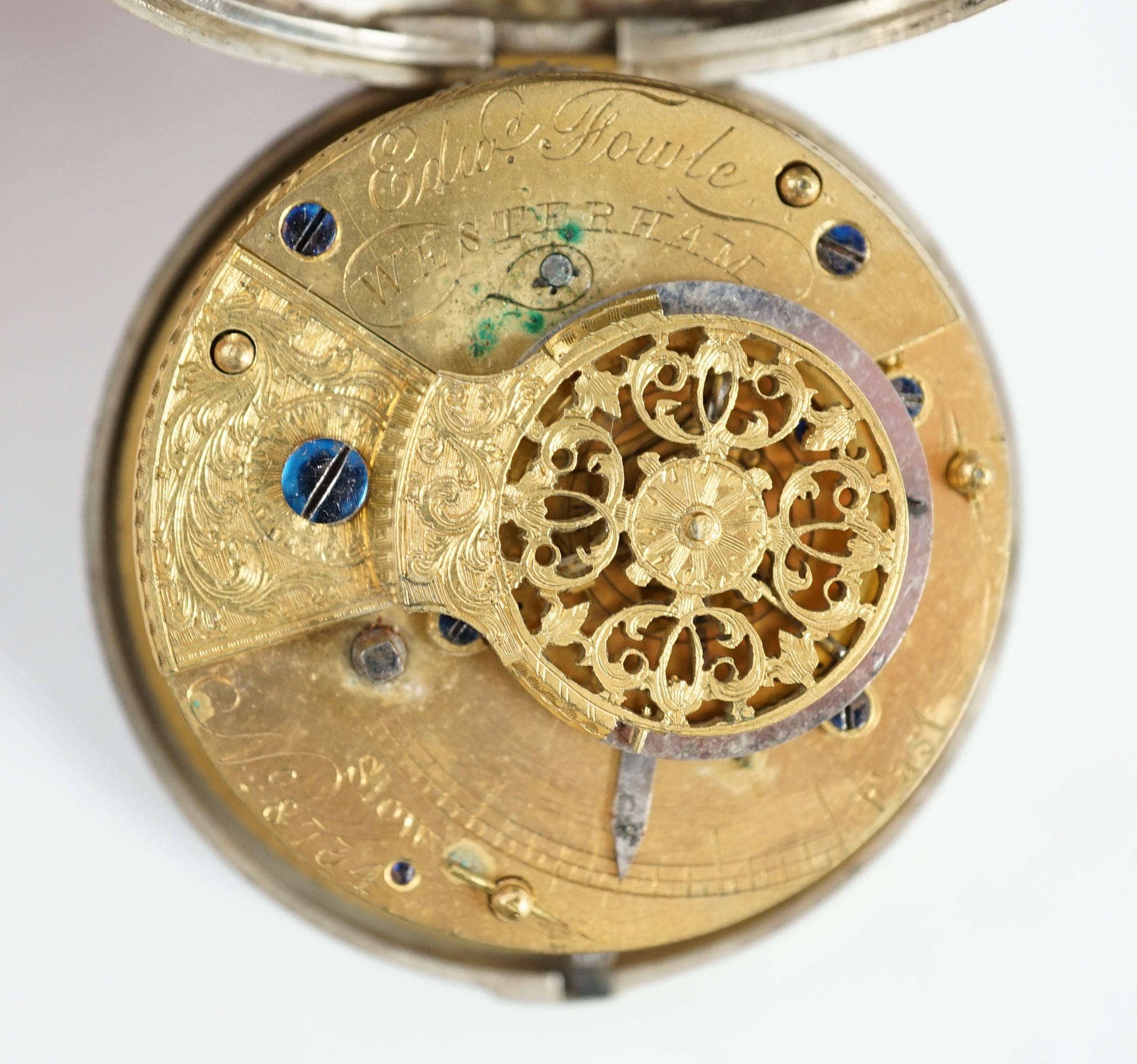 A Victorian silver pair cased pocket watch by Edward Fowle, Westerham and a gilt metal pocket watch missing outer case